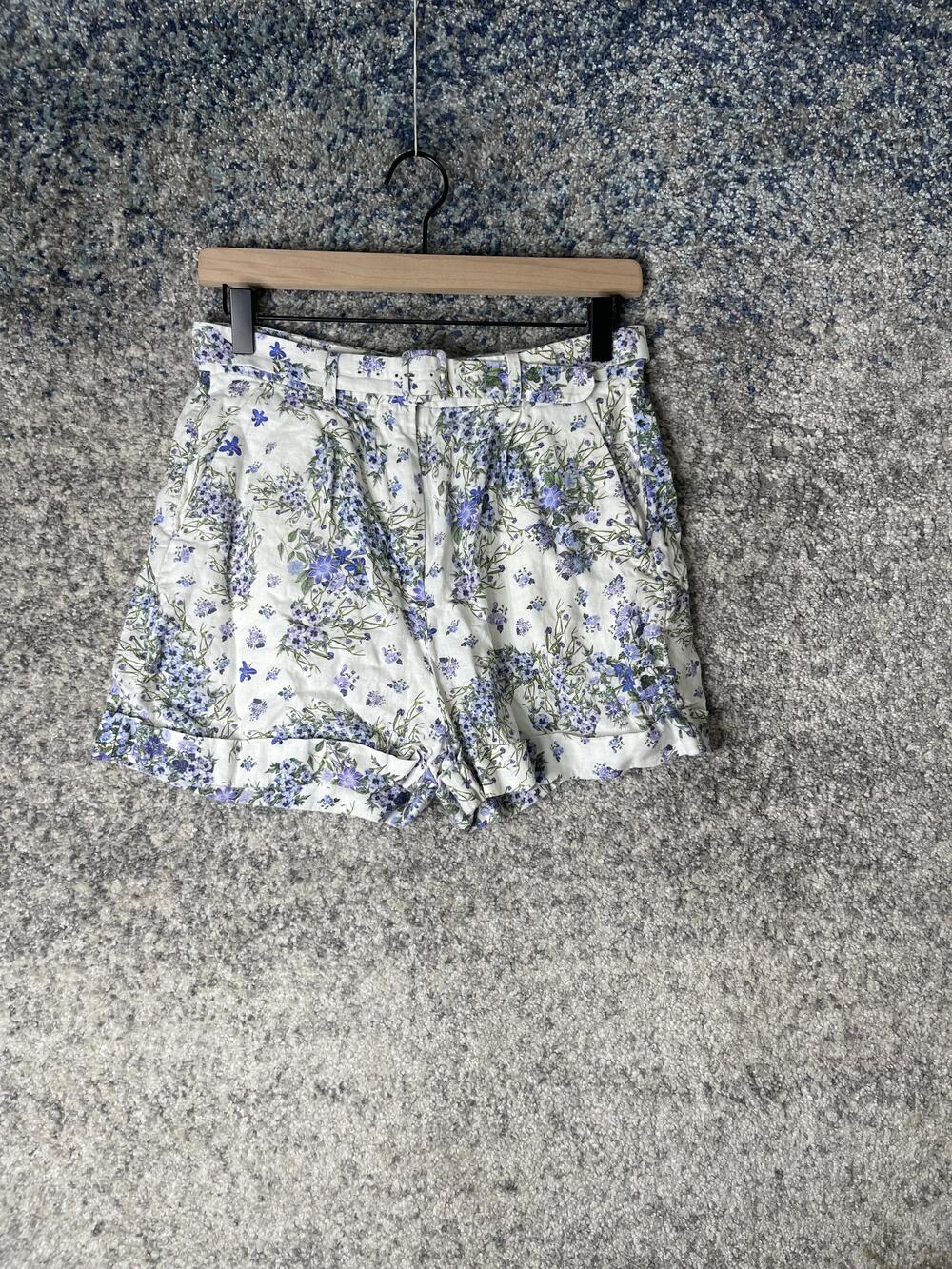 & Other Stories Shorts Womens EUR 38 Floral Blue White High Rise Paperbag Belted